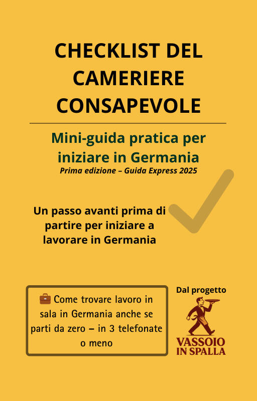 Copertina della checklist gratuita 'Cameriere Consapevole', mini-guida pratica per iniziare a lavorare in Germania anche senza esperienza e senza curriculum, parte del progetto Vassoio In Spalla